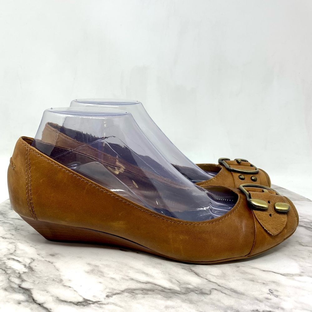 Jessica Simpson Brown Leather Ballet Toe Buckle Wedge Flats 8.5 Classic Preppy - Picture 2 of 16